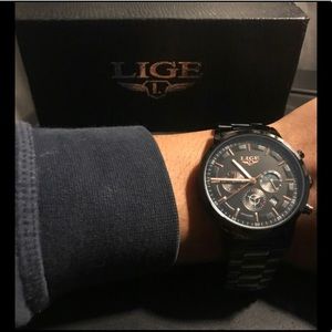 LIGE ALL BLACK WATCH W/ COPPER COLORED DIALS